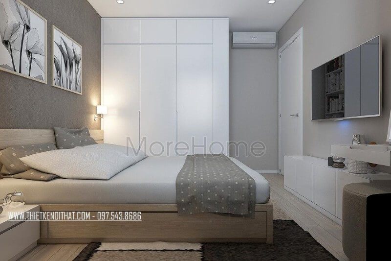 Không gian phòng ngủ đơn giản với tone màu trắng chủ đạo tương phản với màu nâu trầm của đồ nội thất bằng gỗ