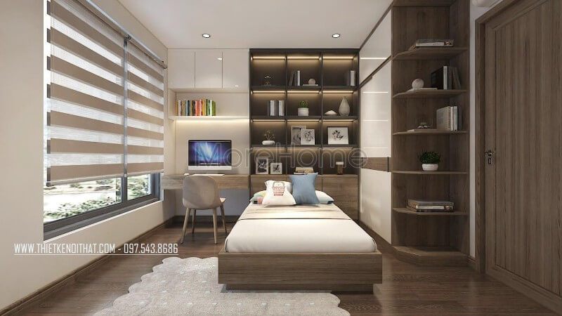 Thiết kế nội thất phòng ngủ thông minh với cách bố trí nội thất gọn gàng, đồ nội thất gỗ công nghiệp đa năng đáp ứng nhu cầu sinh hoạt tiện lợi.