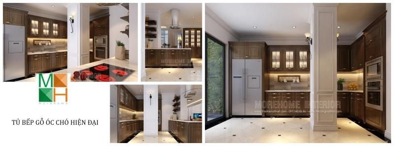 Tủ bếp gỗ óc chó hiện đại được sản xuất bởi nội thất Morehome, phá cách với thiết kế cánh pano đơn giản, bắt mắt.