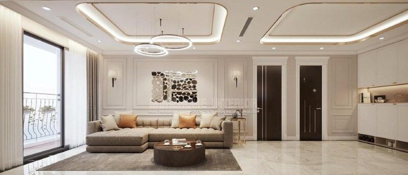 Bộ sofa bọc da màu nâu sữa góp phần tạo nên vẻ đẹp ấn tượng cho không gian.