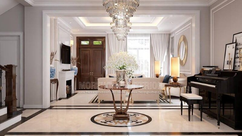 Biệt thự Palm Garden được trang bị nội thất phòng khách tân cổ điển với một đàn piano đẹp, sang trọng.